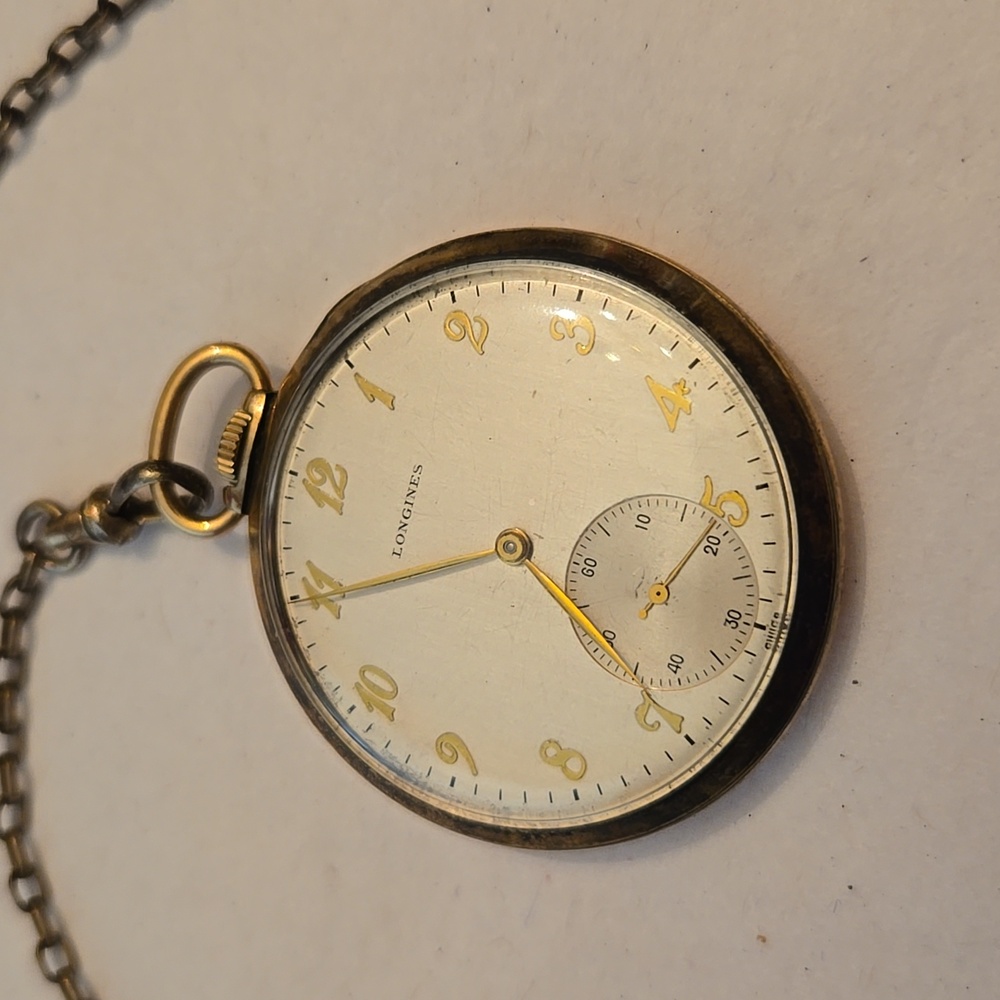Vintage 10K Gold 50s Longines Open Face Pocket Watch Original Fob Chain WORKS!